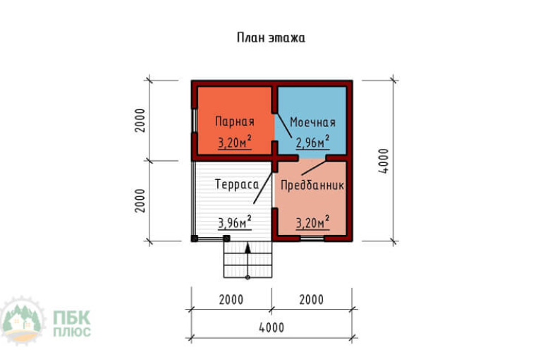 Маленькая одноэтажная баня из бруса «Веронда» 4х4 с террасой